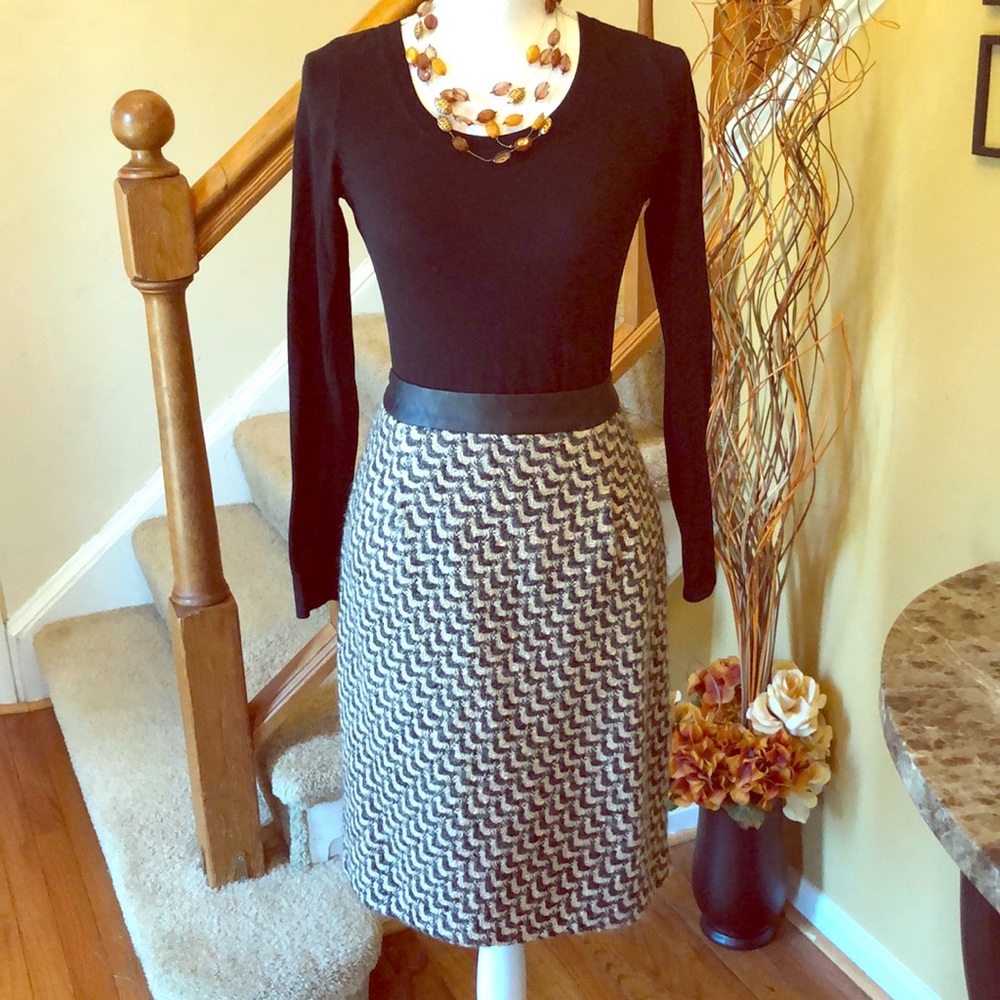 Tweed Skirt with Faux Leather Waistband